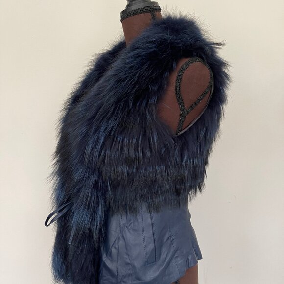 NWOT Leather Vest Navy Blue Real Fox Fur S size - Picture 4 of 16